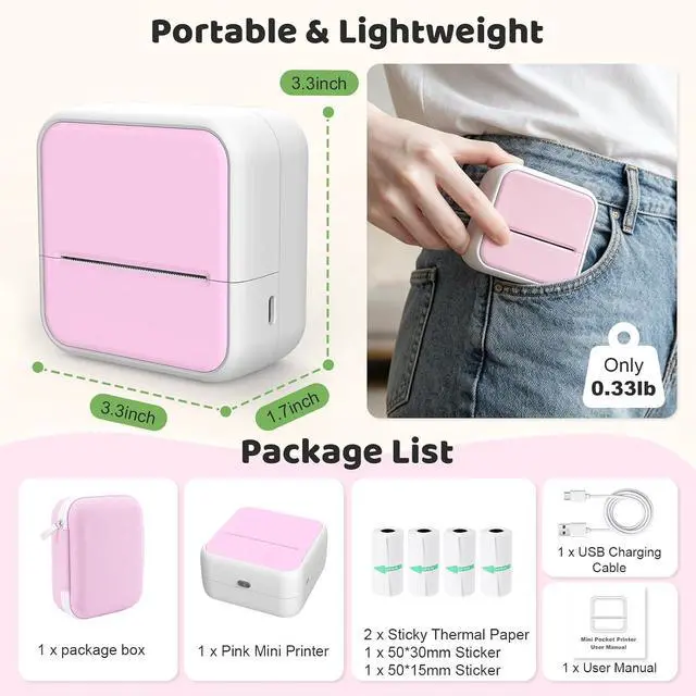 Alt view image 7 of 7 - Wireless Mini Sticker Printer & Inkless Thermal Label Maker with Pink Case