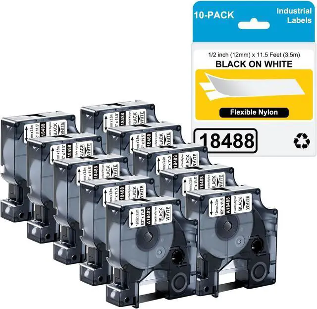 Main image of 10-Pack Compatible for Dymo 18488 Black on White Label Flexible Nylon Industrial Label Tapes Use with DYMO Rhino Pro 4200 5200 5000 6000 Label Maker, 1/2'' x 11.5' (12mm x 3.5m)