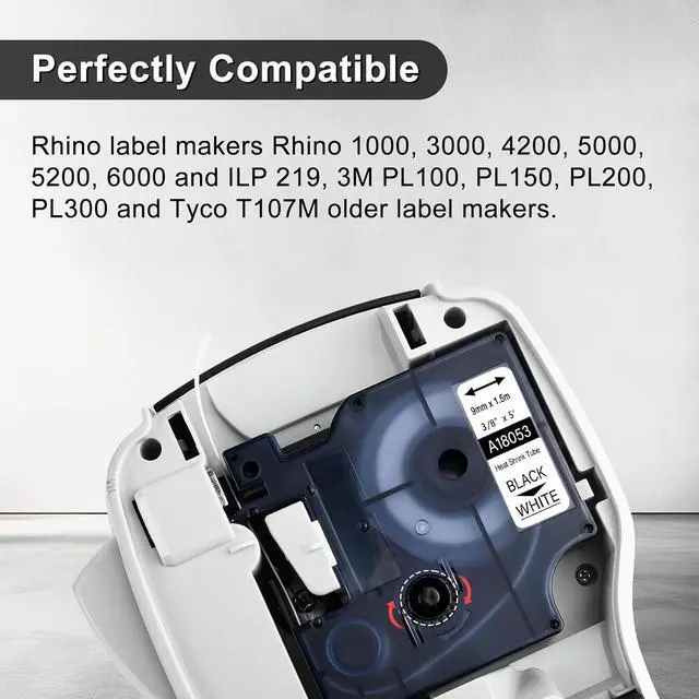 Alt view image 2 of 7 - 10 Pack Compatible for Dymo Rhino 18053 A18053 9mm 3/8 inch Black on White Industrial Heat Shrink Tubes for Rhino 1000 3000 4200 5000 5200 6000 3M Label Maker Refills