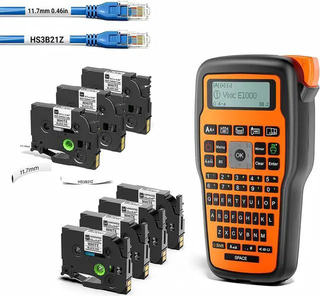 Main image of Vixic Label Maker Machine with Tapes & Heat Shrink Labels 11.7mm, Wire Cable Label Maker Waterproof Labels, E1000 Electric Wire Labelmaker with Keyboard for Electrician Technician Construction Network