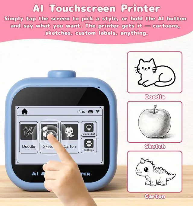 Alt view image 3 of 7 - Sticker Printer, 3.5" HD Touchscreen Mini Thermal Inkless Printer with Ambient Light, WiFi Portable Sticker Maker Machine with 2000mAh Battery for Kids DIY, Journaling & Gift(Blue)