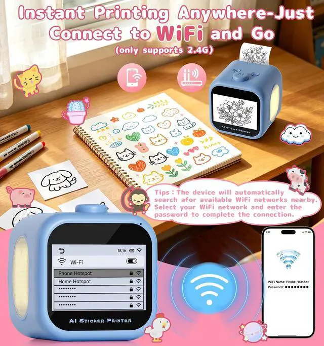 Alt view image 5 of 7 - Sticker Printer, 3.5" HD Touchscreen Mini Thermal Inkless Printer with Ambient Light, WiFi Portable Sticker Maker Machine with 2000mAh Battery for Kids DIY, Journaling & Gift(Blue)