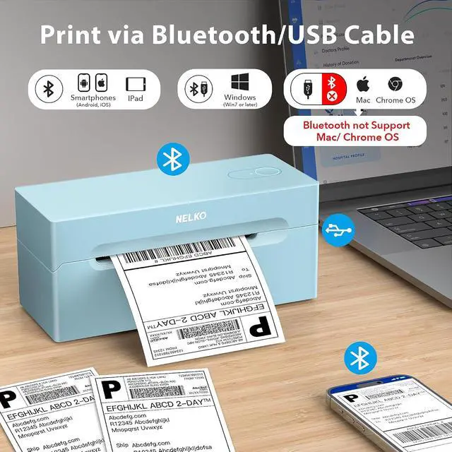 Alt view image 2 of 7 - Nelko Thermal Shipping Label Printer (Blue), 4x6 Shipping Label Printer for Small Business Label Holder (Black), Thermal Label Holder for Rolls and Fan-Fold Labels