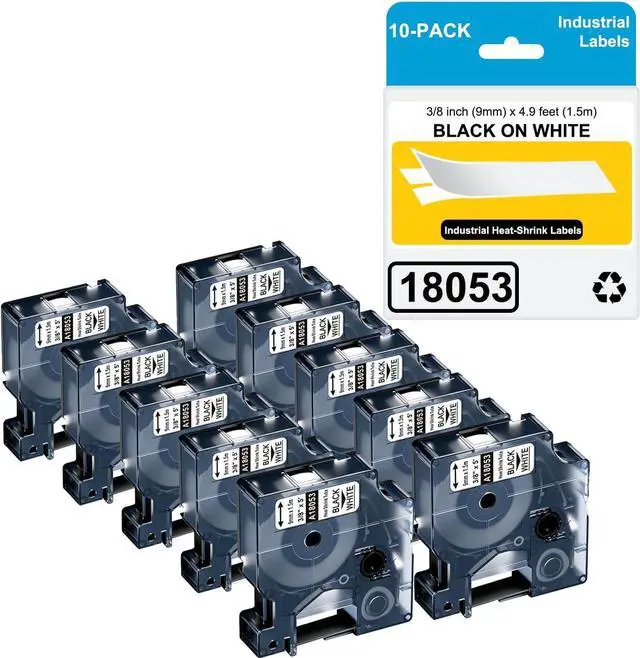 Main image of 10-Pack Compatible for DYMO 18053 Rhino Industrial Heat-Shrink Labels 3/8" Tube Black Print on White forRhino 4200 5200 6000 Industrial Label Maker