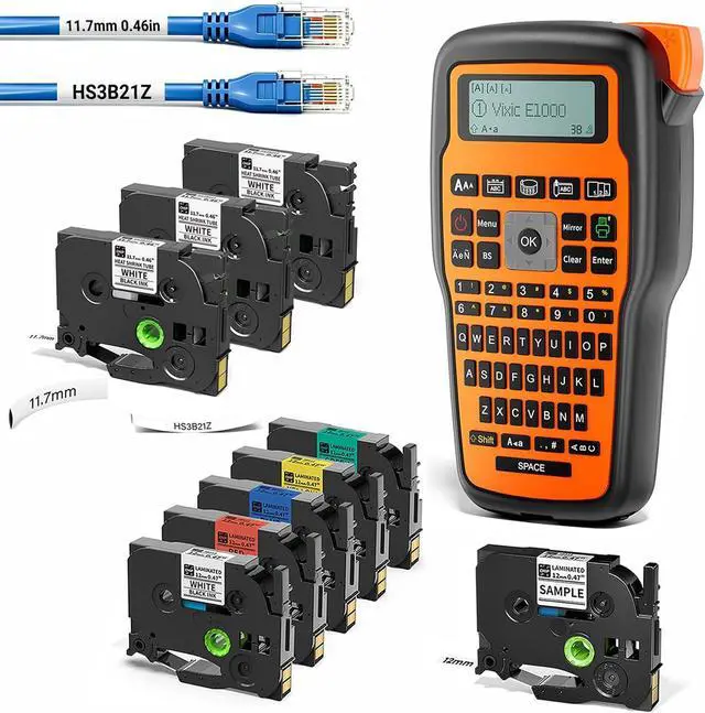 Main image of Vixic Label Maker Machine with Heat Shrink Wire Labels & Colored Tapes, Wire Cable Label Maker Waterproof Labels, E1000 Industrial Labeler Machine for Electrician Technician Construction Network