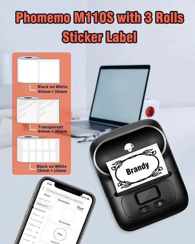 Alt view image 6 of 7 - Phomemo Label Maker Set- M110S Bluetooth Thermal Printer for Business, Office, School, Home-use, Clothing Labels, Black