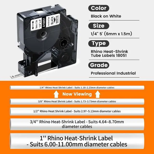 Alt view image 2 of 7 - 15-PK 18051 Replace for DYMO Rhino 4200 5200 Heat Shrink Labels 1/4'' White