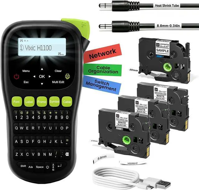 Main image of Vixic Label Maker, Wire Cable Wrap Label Maker with Heat Shrink Tube 8.8mm & Laminated Waterproof Labels, H1100 Handheld Labeler Machine Backlit Screen with Keyboard, Industrial Labelmaker for Network
