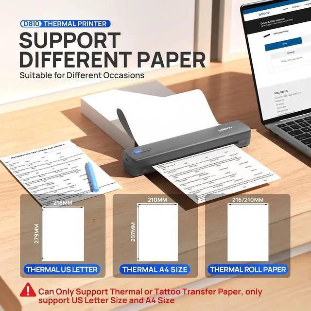 Alt view image 2 of 7 - POLONO Portable Printer Wireless for Travel, D810 Bluetooth Thermal Printer Support for 8.5"x11" US Letter, Inkless Compatible with iOS, Android, Laptop for Office, Car and Home, Grey