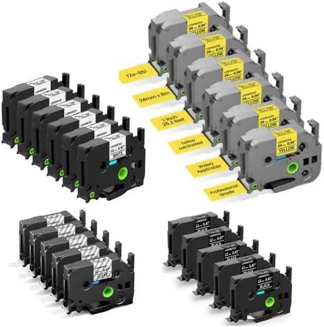 Main image of 22-Pack Laminated Label Maker Tape, Including 16-Pack 12mm (5-Pack Black + 5-Pack Clear + 6-Pack White) + 6-Pack 24mm Yellow