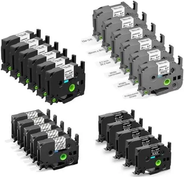 Main image of 22-Pack Laminated Label Maker Tape, Including 16-Pack 12mm (6-Pack White + 5-Pack Clear + 5-Pack Black) + 6-Pack 24mm White