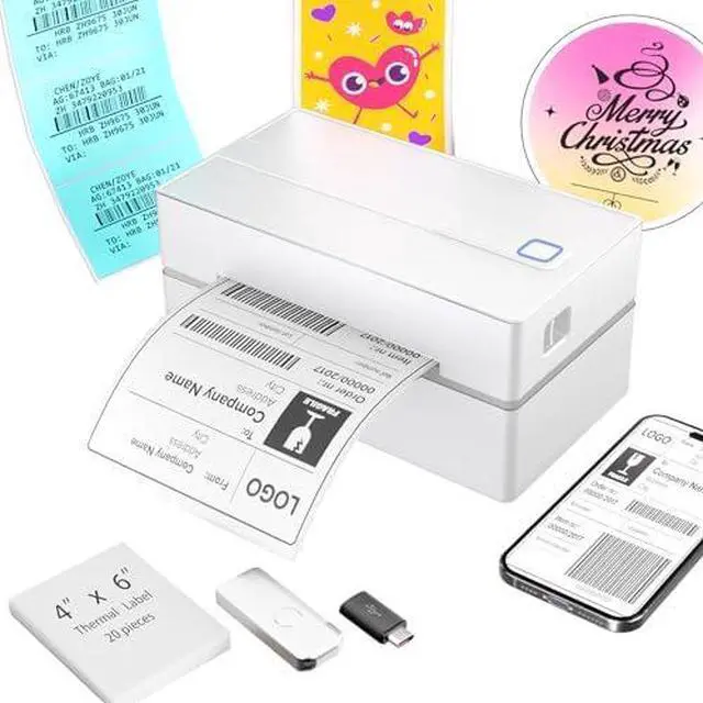 Main image of Bluetooth Thermal Shipping Label Printer (White) + Thermal Direct Shipping Labels (Pack of 500 Fan-Fold Labels)
