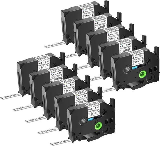 Main image of 10 Pack Compatible for Ptouch HSe-221 HSe221 HS-221 HS221 8.8mm 0.34" Black on White Heat Shrink Tube Label Tape for Wire Cable use in PT-310B PT-320 PT-330 PT-340 PT-350 PT-380