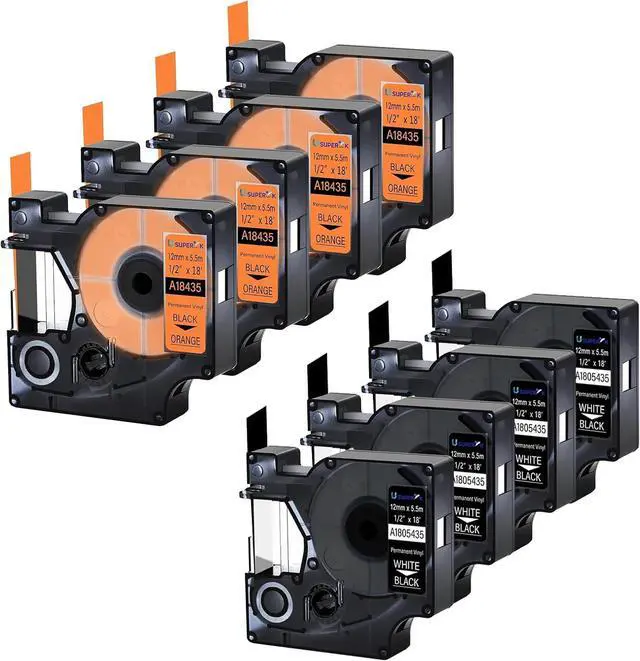 Main image of 1/2 inch Compatible for Dymo Rhino Vinyl Label Tapes 4PK Black on Orange 18435 and 4PK White on Black 1805435 Labels 12mm x 5.5m