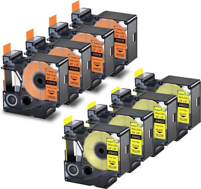 Main image of Compatible for Dymo Rhino Vinyl Label Tapes 4PK 18433 Black on Yellow and 4PK 18436 Black on Orange Labels 3/4 inch 19mm x 5.5m