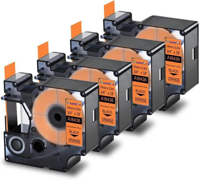 Alt view image 2 of 7 - Compatible for Dymo Rhino Vinyl Label Tapes 4PK 18433 Black on Yellow and 4PK 18436 Black on Orange Labels 3/4 inch 19mm x 5.5m