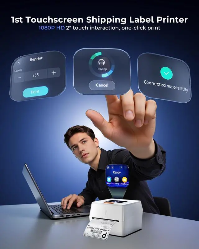 Alt view image 2 of 7 - Phomemo Thermal Label Printer with Touchable Screen & 250 4x6 Roll Labels