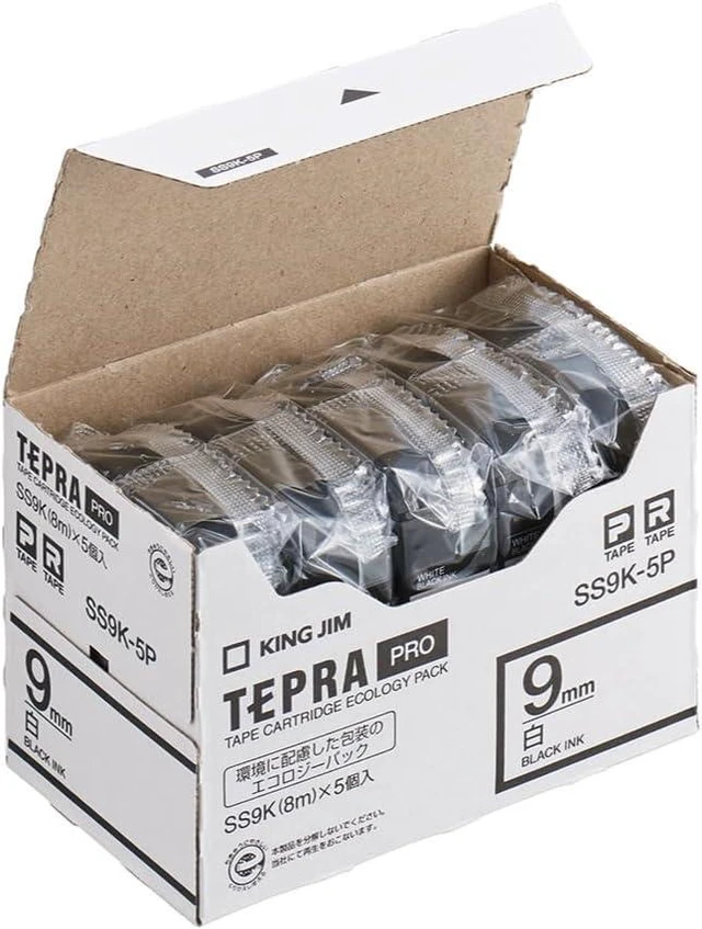 Main image of King Jim SS9K-5P Tepra PRO Tape Cartridge, Eco Pack, 5 Pieces, 0.3 inches (9 mm), White Label/Black Character, Length 22.8 ft (8 m)