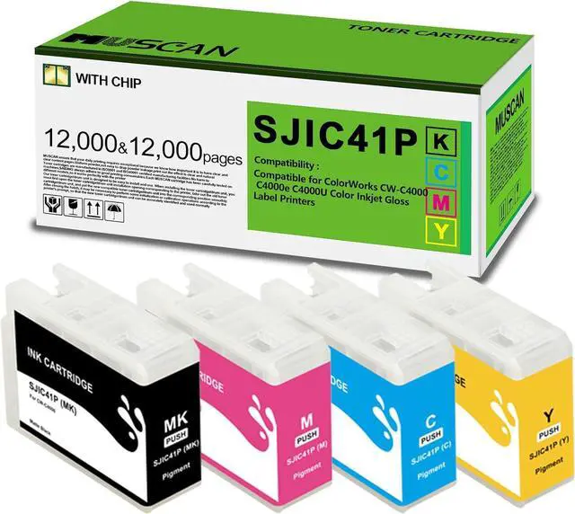 Main image of SJIC41P Ink Cartridges Remanufactured SJIC41P Ink Cartridges (with New Chip) Compatible with ColorWorks CW-C4000 C4000u C4000e Color Inkjet Label Printer (4-Pack Matte)