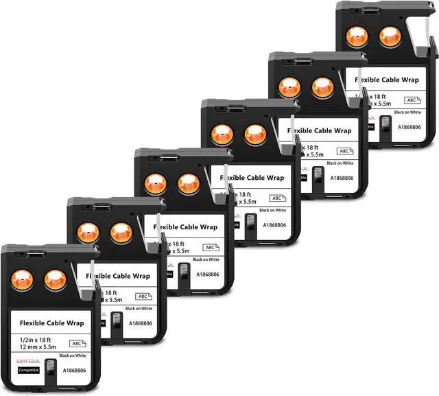 Main image of 6 X Compatible with Dymo Rhino XTL Flexible Cable Wrap Label Tape 1868806 A1868806 Black on White 12mm 1/2 inch x 18 Feet Replacement for Rhino XTL-300 XTL-500 Label Maker