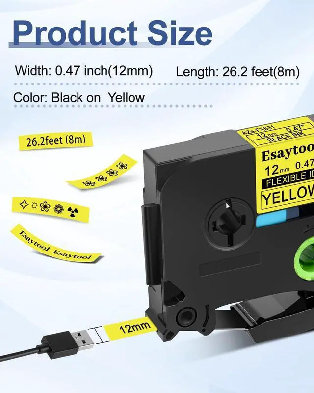 Alt view image 2 of 7 - 20 X Compatible with P-Touch TZe-FX631 AZE-FX631 TZ-FX631 Black on Yellow 12mm 0.47'' Flexible ID Wire Cable Label Tape Replacement for Ptouch PT-H100 PT-D200 PT-P700 PT-1000 Label Maker