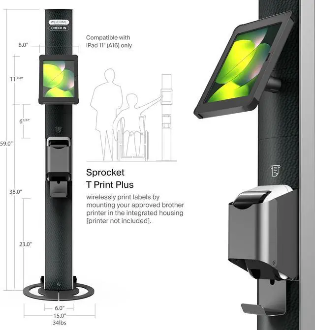 Alt view image 2 of 6 - SPROCKET Premium Kiosk Stand T Print B15 - Most Advanced & Key-Locked Secure Tablet Floor Stand with Label Printer, Adjustable Mount & Ergonomic Design, Compatible with Apple iPad