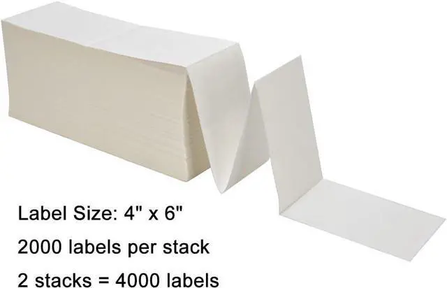Alt view image 2 of 5 - 2 Stacks Fanfold 4" x 6" Direct Thermal Labels, 2000 Labels Per Stack, White Perforated, Permanent-Adhesive, Compatible with Zebra, Rollo and Most Thermal Label Printer