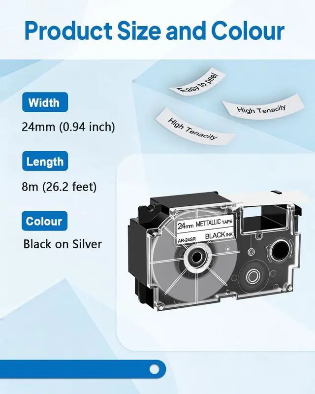 Alt view image 2 of 7 - Cruxer 8Pack Replacement for XR-24SR XR-24SR1 AR-24SR 24mm 0.94 Black on Silver Self-Adhesive Label Tape Compatible with Casio KL-E550 KL-820 KL-C500 KL-G2 KL-G2TC KL-7400 KL-8100 Label Makers