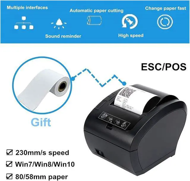 Alt view image 3 of 6 - 80MM Thermal Receipt POS Printer Black Printer with Auto Cutter Bluetooth Ethernet USB Port Support Cash Drawer ESC/POS(306S USB LAN Port)