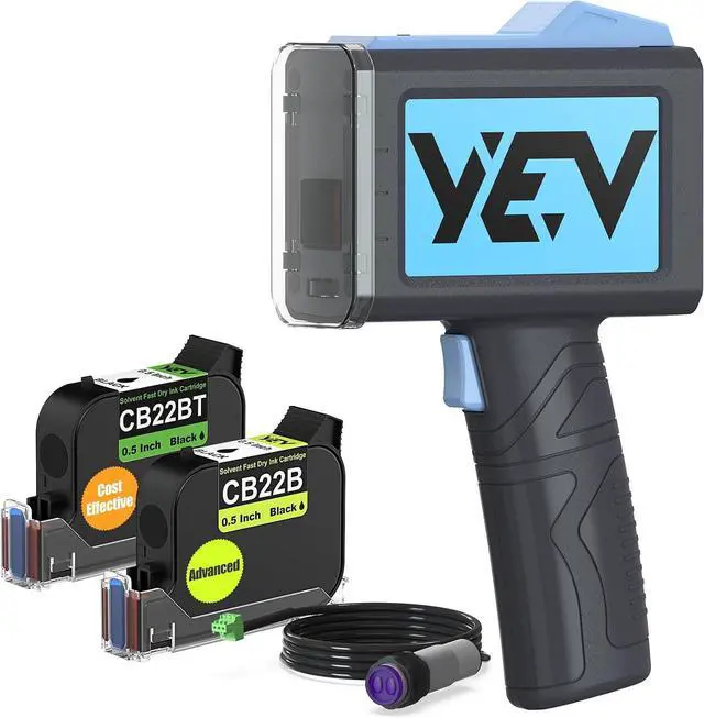 Main image of YEV Handheld Printer VP127 (Blue) Bundle with 1-Pack CB22B and 1-Pack CB22BT Original Solvent Fast Dry Black Ink Cartridge use for Code Date Logo Text Printing