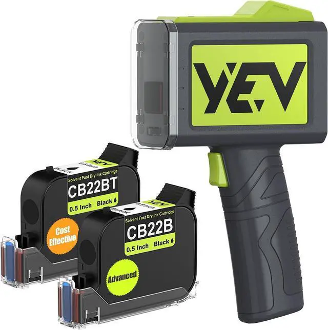 Main image of YEV Handheld Printer VP127 (Green) Bundle with 1-Pack CB22B and 1-Pack CB22BT Original Solvent Fast Dry Black Ink Cartridge use for Code Date Logo Text Printing
