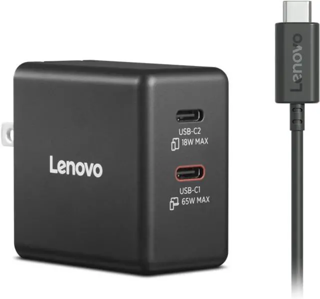 Main image of Lenovo Dual USB-C 65W GaN Charger, 2 USB-C Ports, for Laptops/Tablets & Phones & More, Compact Size, Foldable Plug, Includes 1.5m USB C Cable, Model/Type: CC65, Black