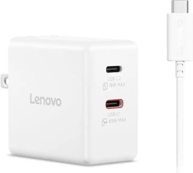 Main image of Lenovo Dual USB-C 65W GaN Charger, 2 USB-C Ports, for Laptops/Tablets & Phones & More, Compact Size, Foldable Plug, Includes 1.5m USB C Cable, Model/Type: CC65, White