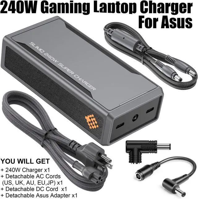 Alt view image 2 of 7 - SlimQ 240W GaN Charger Bundle for ASUS ROG Zephyrus G14 G16, Includes F240 Gaming Laptop Charger and ASUS Mini Port Adapter, Compact DC Power Adapter with 2 USB-C Ports for Travel and Office