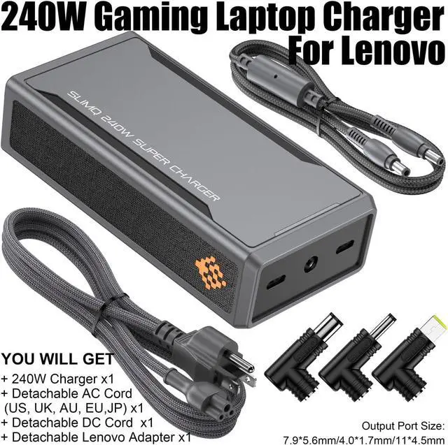 Alt view image 2 of 7 - SlimQ 240W GaN Charger Bundle for Lenovo Legion Gaming Laptops, Includes F240 DC Charger and Lenovo Adapter Tip, Compact Replacement Power Adapter with 2 USB-C Ports for Travel