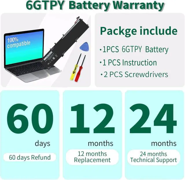 Alt view image 6 of 6 - 97Wh 6GTPY Battery for Dell XPS 15 9560 9570 9550 7590 Precision 5510 5520