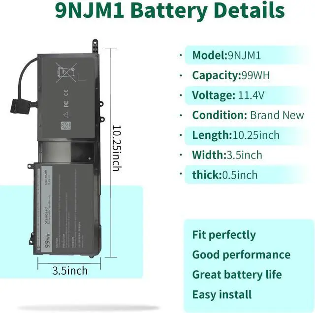 Alt view image 2 of 7 - 99Wh 9NJM1 Battery Replacement for Dell Alienware 17 R4 R5 15 R3 R4