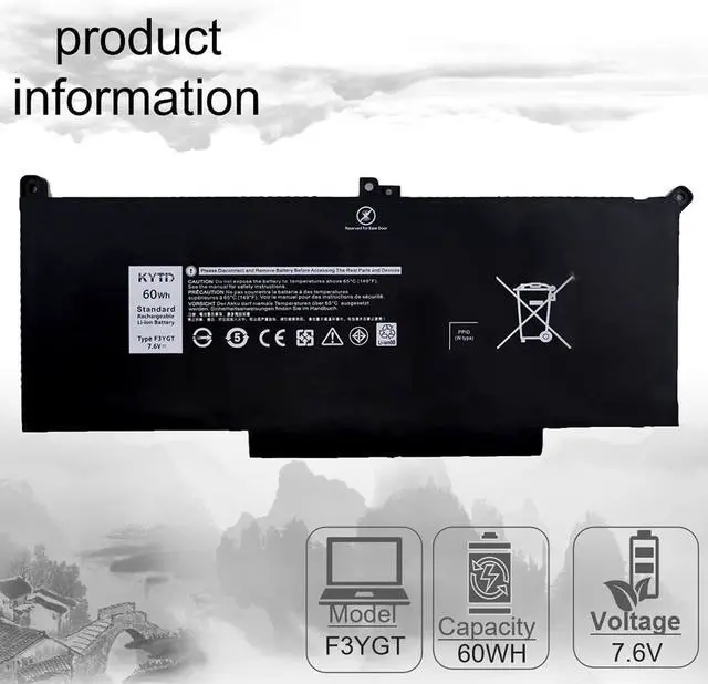 Alt view image 2 of 7 - F3YGT Battery for Latitude 7480 Battery for Dell Latitude 12 7000 7280 7290/13 7000 7380 7390/14 7000 7480 7490 Series DM3WC 0DM3WC 2X39G 60Wh 7.6V