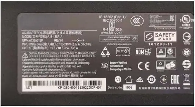Alt view image 2 of 2 - Genuine Chicony A18-135P1A 19.5V 6.92A 135W A135A025P PA-1131-26 AC Power Adapter for ACER AN515-55-544R A715-75G Laptop Charger, AD065G2Uz