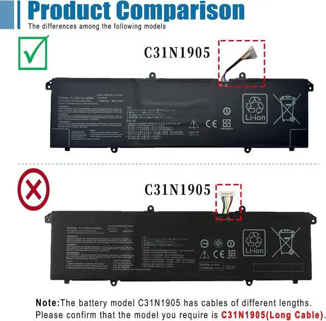 Alt view image 2 of 7 - C31N1905 Laptop Battery Replacement for Asus VivoBook S13 S333 S333EA S333JA S333JP Series 0B200-03580200 11.55V 50Wh 4335mAh(Long Cable)