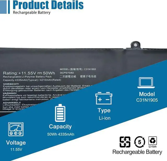 Alt view image 3 of 7 - C31N1905 Laptop Battery Replacement for Asus VivoBook S13 S333 S333EA S333JA S333JP Series 0B200-03580200 11.55V 50Wh 4335mAh(Long Cable)