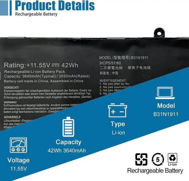 Alt view image 2 of 6 - B31N1911 C31N1911 Laptop Battery Replacement for Asus VivoBook Flip 14 A413FA D413DA D413IA F413JA K413EA K413FA K413FQ K413JA X421DA X421EA Series C31N1911 3ICP5/58/78 11.55V 42Wh
