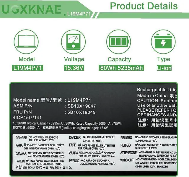 Alt view image 2 of 7 - L19M4P71 Laptop Battery Replacement for Lenovo ThinkPad X1 Extreme P1 3rd Gen ThinkPad X1 Extreme 3rd Gen Series L19C4P71 5B10X19047 5B10X19048 5B10X19049 5B10X19050 15.36V 80Wh 5235mAh