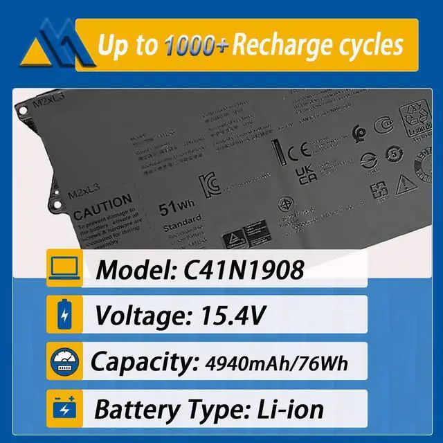 Alt view image 2 of 7 - 51Wh YM15G Laptop Battery Replacement for Dell XPS 13 9315 Series 9315-P1708LTW 9315-D1705S 9315-C0NNP 9315-WP01KR Series 0G9FHC G9FHC 0W6D4H W6D4H (Not for 9315 2-in-1) 11.55V 4191mAh