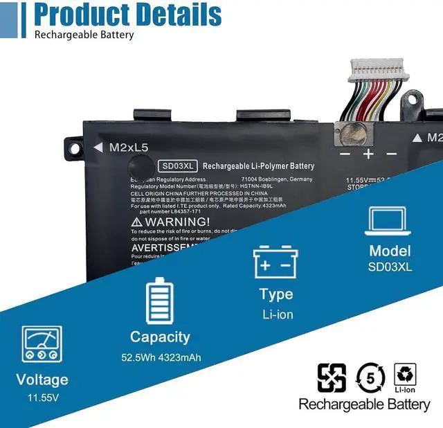 Alt view image 2 of 6 - SD03XL Laptop Battery Replacement for HP Omen 15-EN0000 15-EK0000 Victus 15-fb0000 Series L84394-005 HSTNN-089U HSTNN-DB9U HSTNN-OB1R L84356-2C1 L84357-AC1 11.55V 52.5Wh 4323mAh