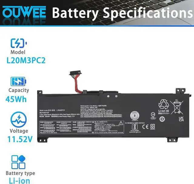 Alt view image 2 of 5 - L20M3PC2 L20C3PC2 Laptop Battery Compatible with Lenovo Ideapad Gaming 3-15ACH6 Model 82K20015US 82K200UTUS Series SB11B96717 5B11B96718 L20D3PC2 5B11B96715 L20C3PC2 5B11B96719 45Wh 11.52V