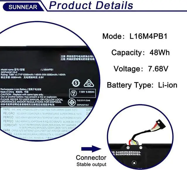 Alt view image 3 of 6 - L16L4PB1 L16M4PB1 L16C4PB1 Laptop Battery for Yoga 730-13IWL ideapad Yoga 720-13IKB 730-13IKB Series Notebook 5B10M52738 5B10M52739 5B10M52740 5B10Q38237 5B10Q38238 48Wh 6268mAh