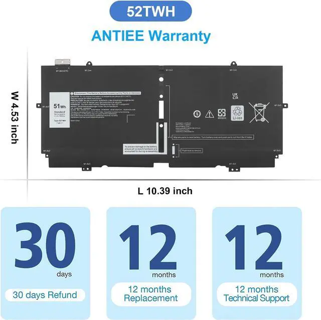 Alt view image 7 of 7 - ANTIEE 52TWH Laptop Battery Replacement for Dell XPS 13 7390 2-in-1 Series Notebook P103G P103G001 P103G002 MM6M8 0MM6M8 XX3T7 0XX3T7 51Wh 7.6V 6375mAh