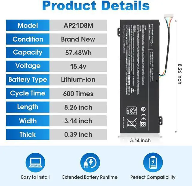 Alt view image 3 of 7 - AP21D8M Laptop Battery Replacement for Acer Nitro 5 AN515-46 AN515-47 AN515-58 AN515-58-56CL Nitro V 15 ANV15-51 Nitro 16 AN16-51 AN16-51-74BV