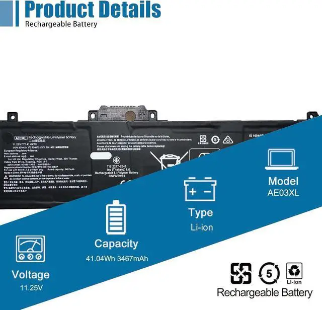 Alt view image 2 of 6 - AE03XL Laptop Battery Replacement for HP 240 245 250 255 G10 14-EE 14-EM 14Z-EM 14-EP 14T-EP 15-FC 15Z-FC 15-FD Series N21969-005 TPN-DB1N N20951-2D1 AE03041XL 11.25V 41.04Wh 3467mAh